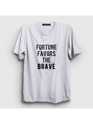 Presmono Unisex Beyaz Fortune Favors The Brave T-Shirt