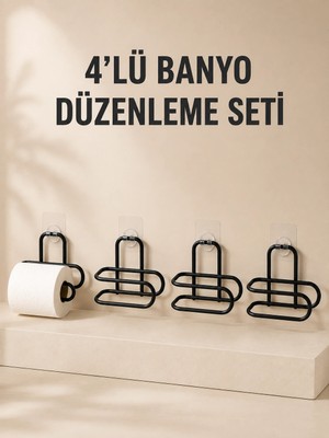 Uravas Store Mey Ithalat® 4 Adet Yapışkanlı Tuvalet Kağıdı Askısı Siyah Metal Delmeden Duvara Monte Wc Kağıtlık