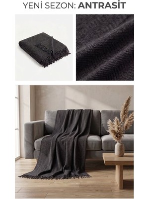 Buldan Natura Herringbone Antrasit Balıksırtı Dokuma Saçaklı Koltuk Örtüsü 180×310 cm