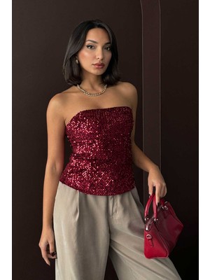 Very Moda Arkadan Fermuarlı Straplez Payet Bluz | F2056
