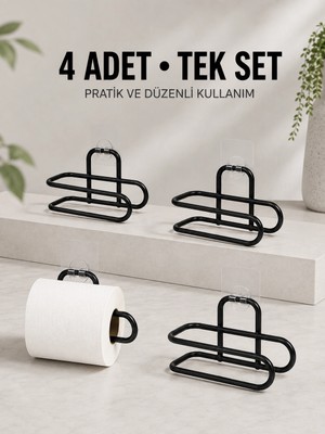 Uravas Store Mey Ithalat® Duvara Yapışkanlı Wc Kağıtlık Siyah Metal 4 Adet Tuvalet Kağıdı Rulo Askısı