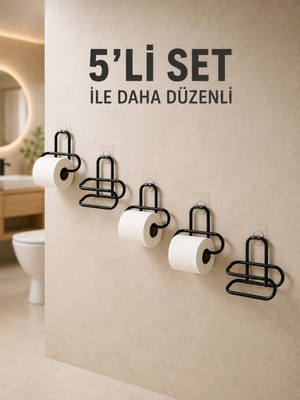 Uravas Store Mey Ithalat® Yapışkanlı Tuvalet Kağıdı Askısı Siyah Metal Delmeden Montaj Wc Kağıtlık 5 Adet