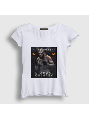 Presmono Kadın Beyaz Wolf Kurt Khamzat Chimaev Mma Ufc T-Shirt