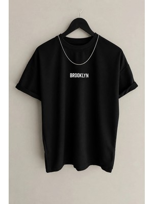 Tarzsokak Erkek Mavi Brooklyn Baskılı Oversize Bisiklet Yaka Kısa Kollu Tshirt