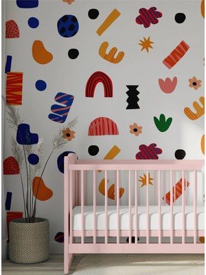 S Digital Renkli Geometrik Figürlü Çocuk Odası Duvar Sticker Seti – 120X85 cm - Çocuk Bebek Odası Dekoru - Kendinden Yapışkanlı Mat Pvc Folyo