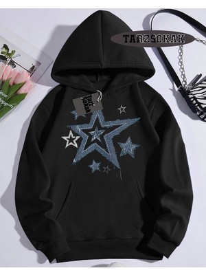 Tarzsokak Kapşonlu Sweatshirt Siyah Yıldız Desenli Özel Tasarım
