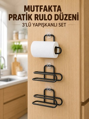 Uravas Store 3’lü Yapışkanlı Wc Kağıtlığı Siyah Rulo Tutucu Banyo ve Mutfak Kullanımı