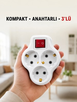 Negok Anahtarlı 3’lü Priz Çoğaltıcı Kablosuz Duvar Tipi Topraklı Priz Çoklayıcı
