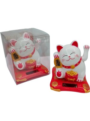 Dünyadan Hediyeler Maneki Neko El Sallayan Şans Kedisi Büyük Beyaz Solar Güneş Enerjili 10CM