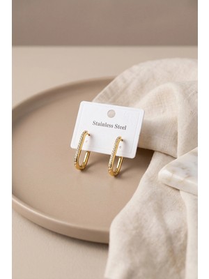 Ceylan Adam Mey Ithalat® 316L Çelik Gold Renk Zirkon Taşlı Kare Halka Küpe