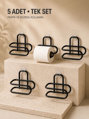Uravas Store Delmeden Monte Tuvalet Kağıdı Askısı Siyah Metal Yapışkanlı Banyo Kağıtlığı 5’li Set