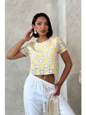 Very Moda Kısa Kollu Dama Desen Tiğişi Bluz | D2619