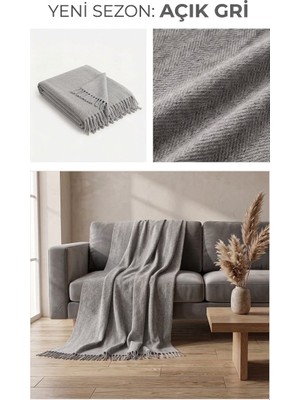 Buldan Natura Herringbone Açık Gri Balıksırtı Dokuma Koltuk Örtüsü 180×310 cm Saçaklı