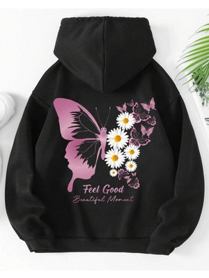 Tarzsokak . Essnce Floral & Butterfly Print Kangaroo Pocket Drawstring Hoodie Siyah