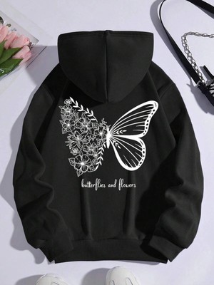 Tarzsokak Butterfly & Slogan Graphic Kangaroo Pocket Drawstring Hoodie Siyah