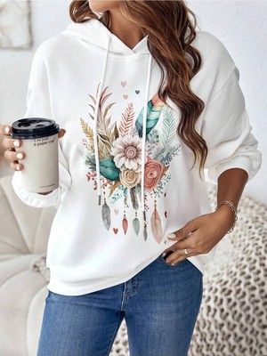 Tarzsokak Coke Serisi Floral & Feather Print Drop Shoulder Drawstring Hoodie