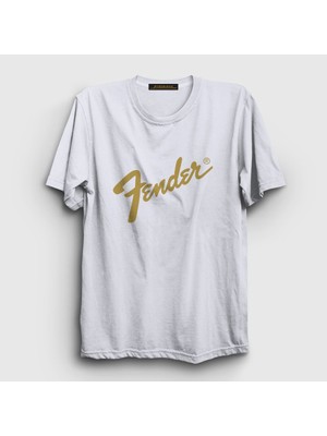 Presmono Unisex Beyaz Logo Fender Gitar Gitarist T-Shirt
