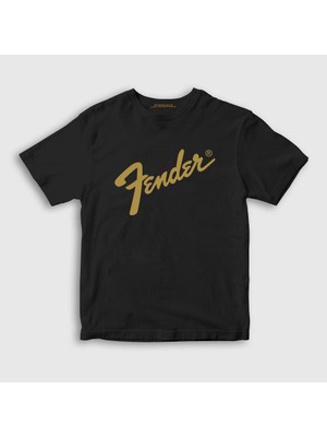 Presmono  Çocuk Siyah Logo Fender Gitar Gitarist T-Shirt