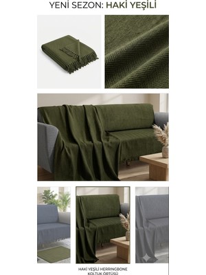 Buldan Natura Herringbone Haki Yeşili Balıksırtı Dokuma Saçaklı Koltuk Örtüsü 180×310 cm