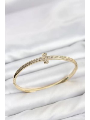Uravas Store Gold Renk T Model Zirkon Taşlı Kadın Kelepçe Bileklik TJ-BB8621