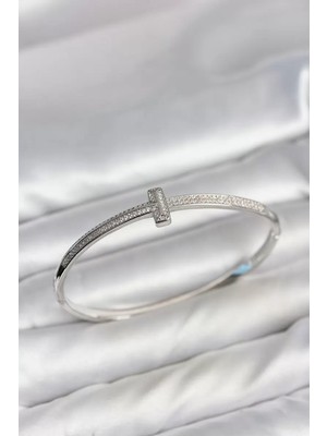 Uravas Store Gümüş Renk T Model Zirkon Taşlı Kadın Kelepçe Bileklik TJ-BB8622