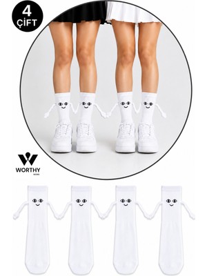Worthy Socks 4 Çift Beyaz Mıknatıslı El Ele Tutuşan Çorap Arkadaşlık Spor Çorabı