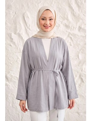 Modestim Önü Bağlamalı Kimono Tesettür Tunik Açık Gri Oversize Yeni Sezon Rahat Kalıp Önü Baglamalı Tesettür Tunik