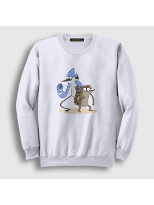 Presmono Unisex Beyaz Mordecai And Rigby Regular Show Sweatshirt