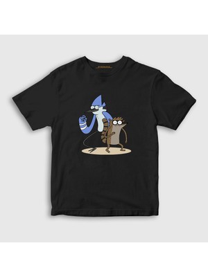 Presmono Unisex Çocuk Siyah Mordecai And Rigby Regular Show T-Shirt