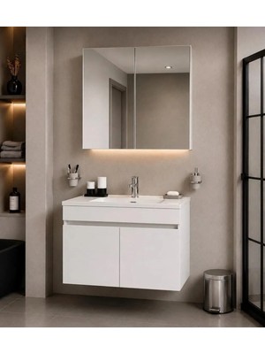Demezler Mobilya MODERN80 cm Beyaz Mdf Hilton Banyo Dolabı Takımı Aynalı Seramik Lavabolu Alt ve Üst Dolap