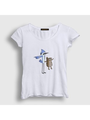 Presmono Kadın Beyaz Pointing Mordecai And Rigby Regular Show T-Shirt