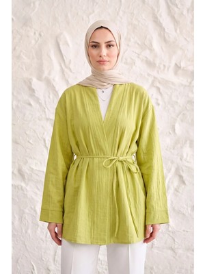Modestim Önü Bağlamalı Kimono Tesettür Tunik Yağ Yeşili Oversize Yeni Sezon Rahat Kalıp Önü Baglamalı Tesettür Tunik