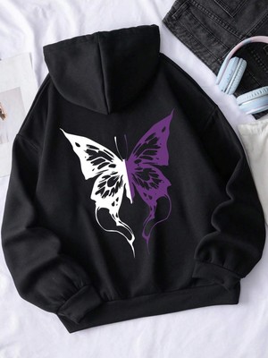 Tarzsokak . Essnce Butterfly Print Kangaroo Pocket Drawstring Lined Hoodie Siyah