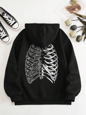 Tarzsokak Coke Serisi Skeleton Print Zip Up Thermal Lined Drawstring Hoodie