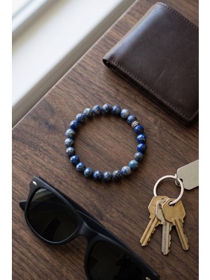 Venoria 8 mm Faset Kesim Lapis Lazuli Doğal Taş Bileklik Lacivert Mavi Gümüş Renk Motifli Ara Boncuklu Esnek Lastikli Unisex Kadın Erkek Aksesuar Günlük Kombin Babalar Günü Yıldönümü Sevgiliye Hediye