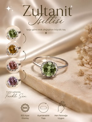 Yudi Atelier 925 Ayar Gümüş Zultanit Işıltılı Çiçek Model Yüzük | Renk Değiştiren Yüzük | Ayarlanabilir Yuvarlak Kesim Yüzük | Hediye