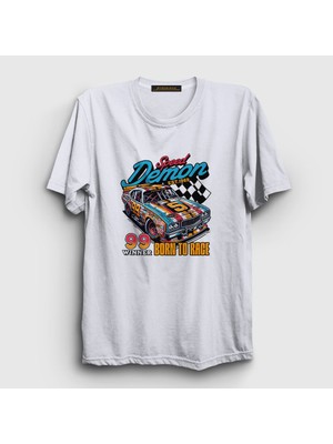 Presmono Unisex Beyaz Speed Demon Araba Yarışı Otomobil T-Shirt