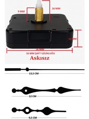 Moontime Alaçatı Saat Mekanizması,quartz Akar Saat Mekanizması 16 mm ve Seti (Akrep - Yelkovan - Saniye) Askısız