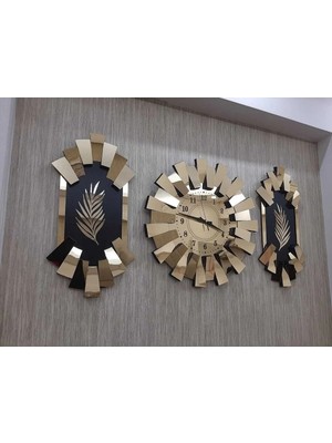 Moontime Alaçatı 3lü Duvar Saati Gold Aynalı 3 Boyutlu Piyano Model Palmiye Detay Türk Rakam