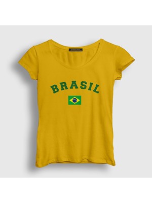 Presmono Kadın Sarı Brasil Brazil Brezilya Bayrağı T-Shirt