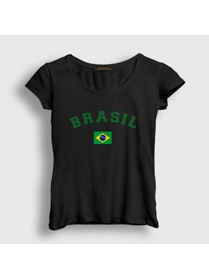 Presmono Kadın Siyah Brasil Brazil Brezilya Bayrağı T-Shirt