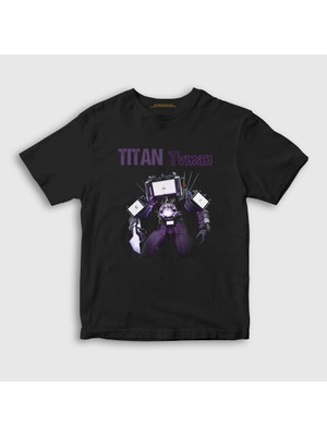 Presmono  Çocuk Siyah Titan Tvman Skibidi Toilet T-Shirt