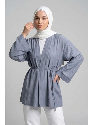 Modestim Önü Bağlamalı Kimono Tesettür Tunik Gri Oversize Yeni Sezon Rahat Kalıp Önü Baglamalı Tesettür Tunik