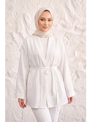 Modestim Önü Bağlamalı Kimono Tesettür Tunik Ekru Oversize Yeni Sezon Rahat Kalıp Önü Baglamalı Tesettür Tunik