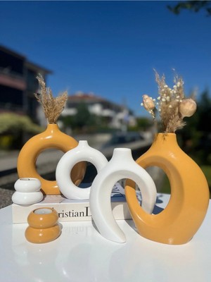 Moontime Alaçatı Ela-Home Sevgili Vazo, Halka Vazo Mumluklu Hardal Set