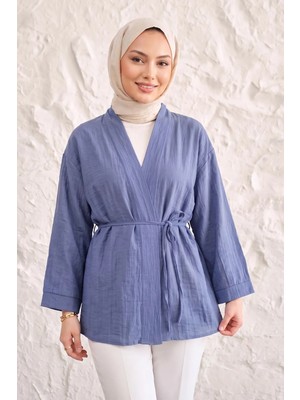 Modestim Önü Bağlamalı Kimono Tesettür Tunik Indigo Oversize Yeni Sezon Rahat Kalıp Önü Baglamalı Tesettür Tunik