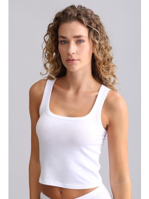 Mısırlı Modal By Tencel U Helen Kalın Askılı Crop / T-Shirt Beyaz