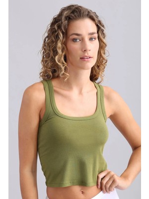 Mısırlı Modal By Tencel U Helen Kalın Askılı Crop / T-Shirt Haki