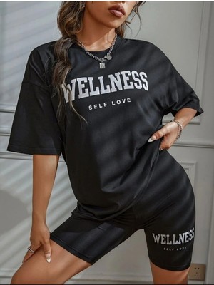 Moontime Alaçatı Kadın Oversize Self Love Baskılı T-Shirt Tayt Takım