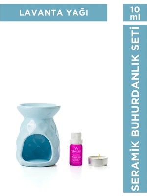 Moontime Alaçatı Seramik Buhurdanlık Seti Açık Mavi Renk + Lavandula Angustifolia Saf Lavanta Yağı 10 ml + Mum